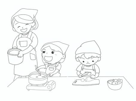 園でのカレー作り 子ども,幼稚園,保育園,手書き,モノクロ,保育士,料理,カレーパーティのイラスト素材