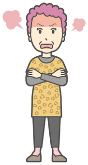  大阪のおばちゃん-185-全身 正面,怒る,おばちゃん,大阪,ヒョウ柄,おばはん,中年,女性,関西,派手のイラスト素材