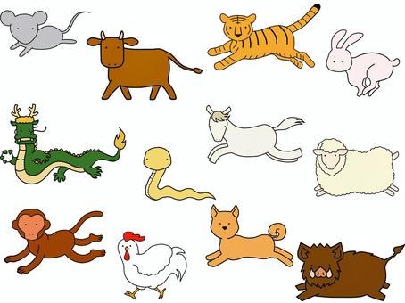 干支イラストカラー 十二支,干支,ねずみ,うし,とら,うさぎ,たつ,み,うま,ひつじのイラスト素材