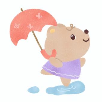 ☆ 傘を持ったくま 傘,くま,雨,梅雨,動物,水たまり,絵本,可愛い,ゆるい,手描きのイラスト素材