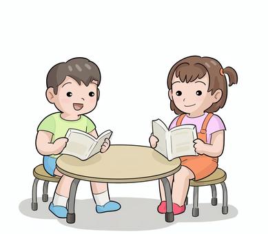 小学生夏休みの図書館で読書 小学生,読書,夏休み,課題,２人,男の子,女の子のイラスト素材