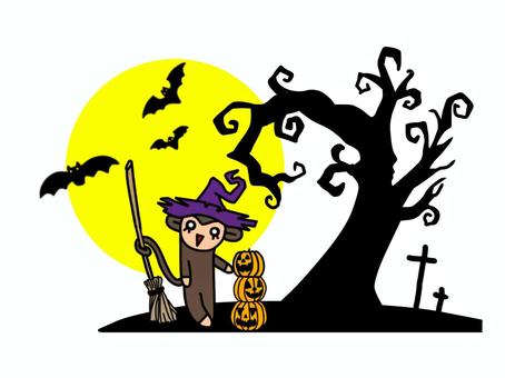 ハロウィン(おさる) ハロウィン,カボチャ,満月,ホウキ,猿,イラスト,背景,手描きのイラスト素材