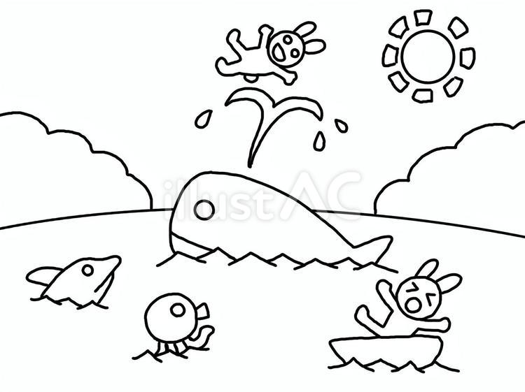 ぬり絵用線画_夏の思い出 ぬり絵,線画,クジラのイラスト素材