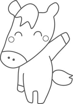 馬が手を振る手描き風かわいい線画イラスト 馬,バイバイ,手を振る,午,線画,かわいい,イラスト,白黒,塗り絵,干支のイラスト素材