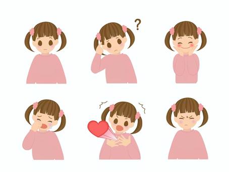 色んな表情の女の子② 女の子,こども,人,ピンク,ツインテール,上半身,正面,リアクション,アイコン,コミカルのイラスト素材