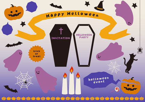 ハロウィンのあしらい ハロウィン,イベント,リボン,帽子,おばけ,幽霊,かぼちゃ,ふきだし,コウモリ,蜘蛛のイラスト素材