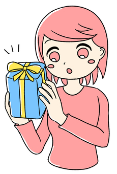 桃色の女の子がプレゼントの中身を気にする ピンク,手描き,プレゼント,ギフト,サプライズ,驚き,リボン,贈り物,青い箱,黄色いリボンのイラスト素材