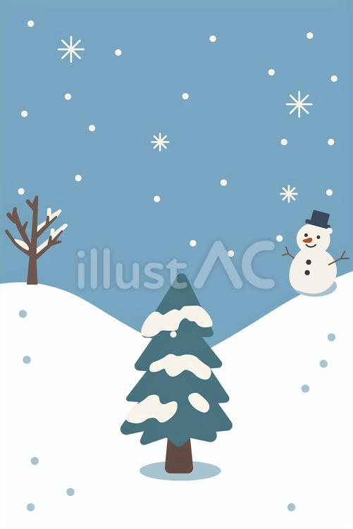雪の中のもみの木と雪だるまのイラスト 冬,雪,雪だるまのイラスト素材