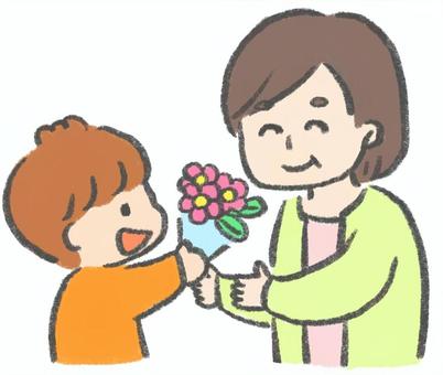 おばぁちゃんに花束を渡す男の子 敬老の日,祖父母,家族,祖母,おばぁちゃん,男の子,子ども,孫,花束,感謝のイラスト素材