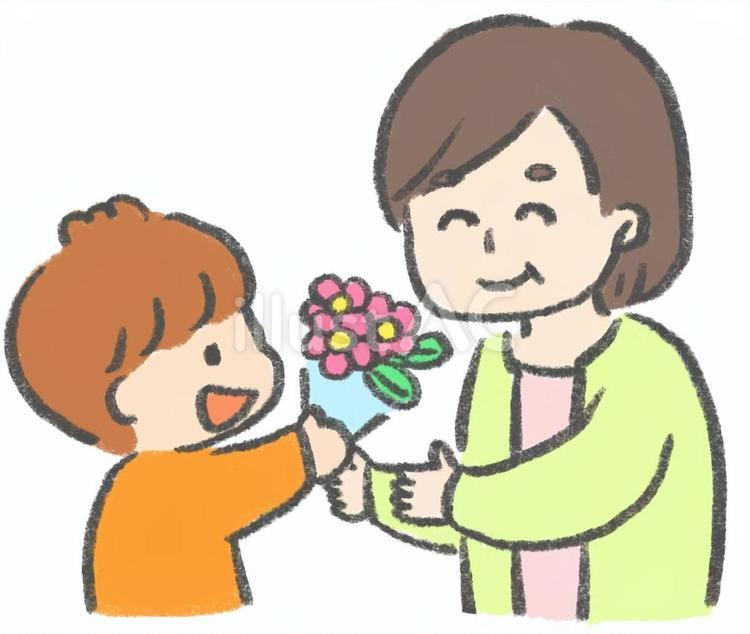 おばぁちゃんに花束を渡す男の子 敬老の日,祖父母,家族のイラスト素材