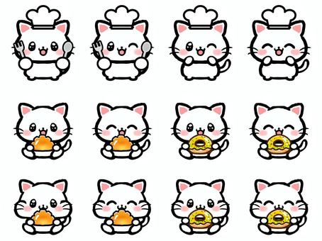 可愛い白猫の落書き風イラスト素材セット 猫,白猫,動物,生き物,ペット,食べ物,食事,コック帽子,パン,ドーナツのイラスト素材