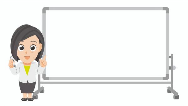 白板傍でペンと指さす年配ビジネス女性② 先生,教師,教員,指導員,スーツ,ビジネス,会社,指を指す,指差し,解説のイラスト素材