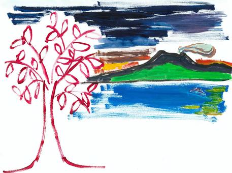 桜島と木 木,桜島,海,水彩画,手描きのイラスト素材
