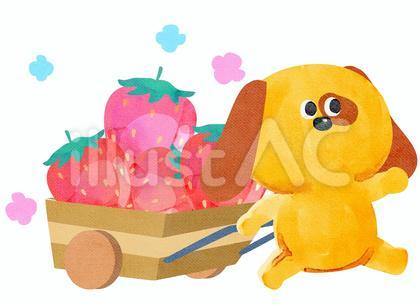 水彩画_ワゴンでイチゴを運ぶ犬_01
