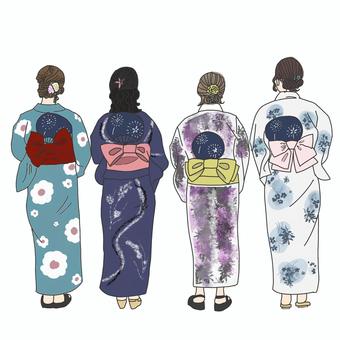 夏祭りを楽しむ浴衣姿の女性（後ろ姿） 浴衣,女性,後ろ姿,夏祭り,花火大会,夏,祭り,和服,和装,浴衣姿のイラスト素材