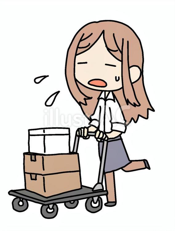 疲弊して台車で荷物を運ぶ女性 台車,女性,運ぶのイラスト素材