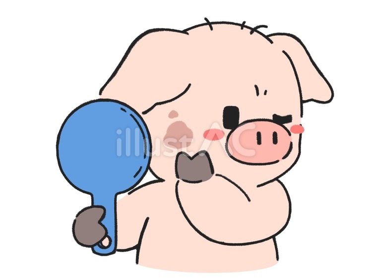 顔のシミが気になって鏡でチェックするブタ 豚,シミ,肌トラブルのイラスト素材