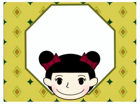 女の子のフレ−ム 女の子,フレ−ム,罫線なし,八角形,お団子ヘアー,リボン,赤,芥子色,山吹色,深緑のイラスト素材