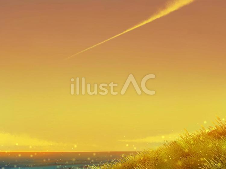 ノスタルジアな記憶【7】水平線の先に 夕焼け,飛行機雲,海のイラスト素材