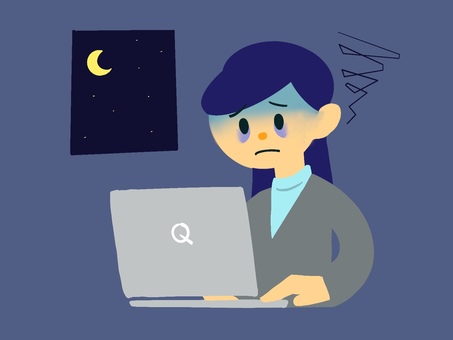 残業 残業,深夜,寝不足,クマ,目,女性,会社,窓,月,星のイラスト素材