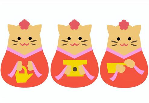 ねこさんにんかんじょ　カラー2 ねこさんにんかんじょ,カラー2,雛人形,ひな人形,ひなかざり,雛飾り,雛祭り,ひなまつり,ひな祭り,お雛様のイラスト素材