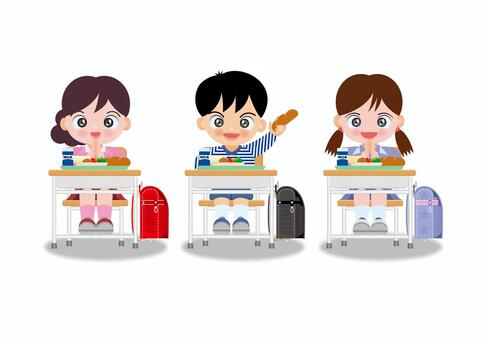 給食を食べる子どもたち 給食,子ども,女の子,男の子,教室,笑顔,机,椅子,パン,ミルクのイラスト素材