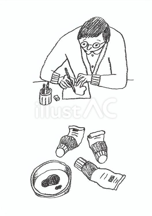 絵を描いてる、使いかけの絵の具と皿 男性,めがね,カーディガンのイラスト素材