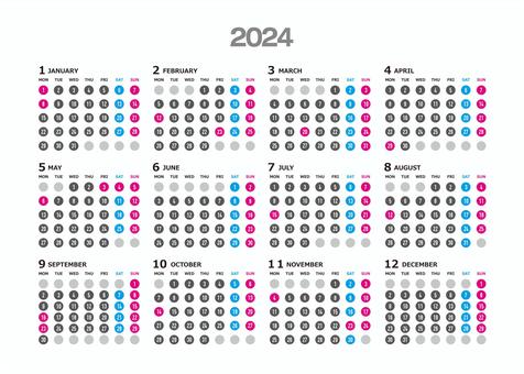 2024 annual calendar starts Monday_1, 2024 years, calendar, order and 6 years, JPG and AI