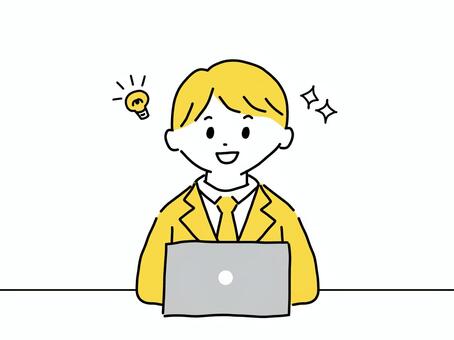 アイデアをひらめくビジネスマン パソコン,ノートパソコン,pc,アイデア,ひらめき,成功,キラキラ,ビジネスマン,スーツ,サラリーマンのイラスト素材