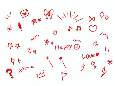 ハート、キラキラ手書きイラスト（赤） はーと,ほし,星,集中線,音符,おんぷ,注目線,リボン,はてな,ビックリのイラスト素材