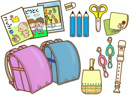 小学生の持ち物 ランドセル,持ち物,リコーダー,防犯ブザー,ハンカチ,教科書,ノート,筆記用具,ハサミ,上靴入れのイラスト素材