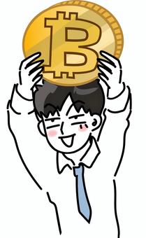 ビットコインを掲げて浮かれるサラリーマン 仮想通貨,お金,漫画,ビットコイン,人物,ポイント,硬貨,笑顔,サラリーマン,コインのイラスト素材