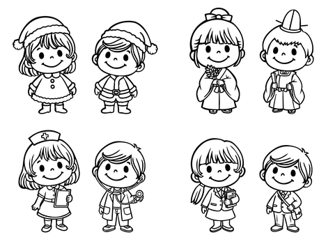 子供職業体験（白黒）-2 サンタ,サンタクロース,サンタコス,クリスマス,神主,巫女,神職,神官,神社,医者のイラスト素材