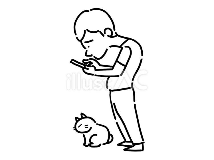猫と猫背男性(白黒) 猫背,男性,姿勢のイラスト素材