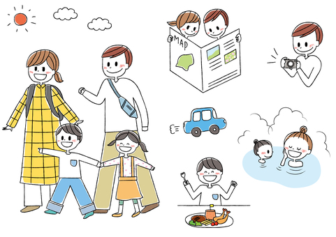 家族旅行いろいろ 人物,家族,親子,夫婦,子供,お母さん,お父さん,息子,娘,女性のイラスト素材