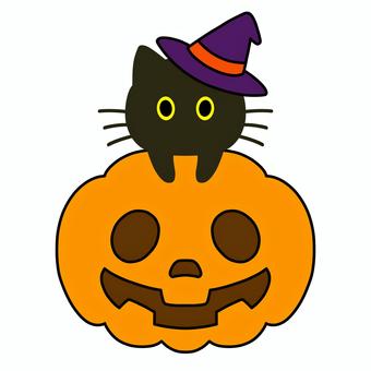 ハロウィンかぼちゃと黒猫 10月,10月31日,秋,季節,ハロウィン,イベント,祭り,ジャックオランタン,カボチャ,パンプキンのイラスト素材