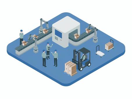アイソメトリック_工場_ベルトコンベア アイソメトリック,立体,アイソメ,斜め上,倉庫,物流,フォークリフト,ベルトコンベア,出荷準備,在庫管理のイラスト素材