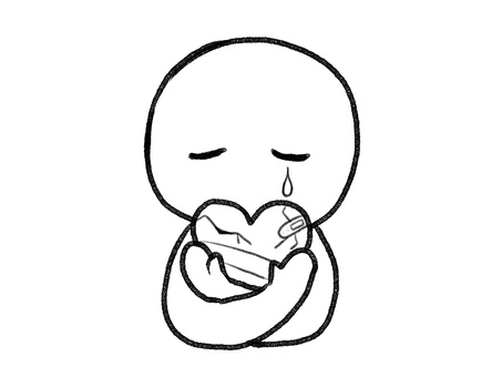 ボロボロのハートを抱える棒人間線画 ボロボロのハートを抱える棒人間線画 棒人間,ハート,傷,抱きしめる,ボロボロ,悲しい,守る,涙,人物,手描きのイラスト素材