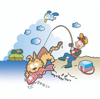 大物かぁ？ 釣り,猫,コミカル,かわいい,ユーモラス,一コマ漫画,ギャグ,おもしろい,人物のイラスト素材