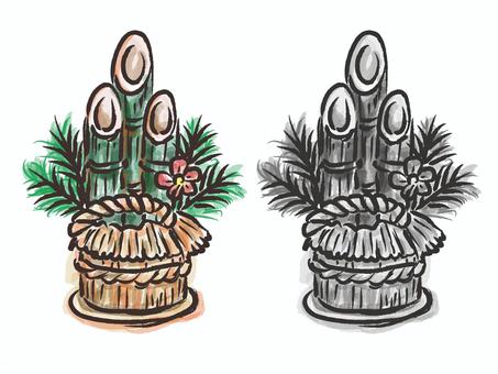お正月　門松　筆描き風2種 かどまつ,門まつ,お正月,カラー,モノクロ,手描き,筆,墨,食べ物,お祝いのイラスト素材