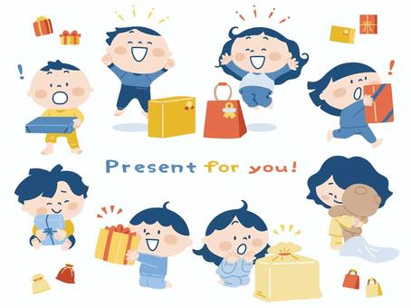 プレゼントをもらった子どもたち8人セット プレゼント,クリスマス,誕生日,子ども,キッズ,小学生,幼児,男の子,女の子,男女のイラスト素材
