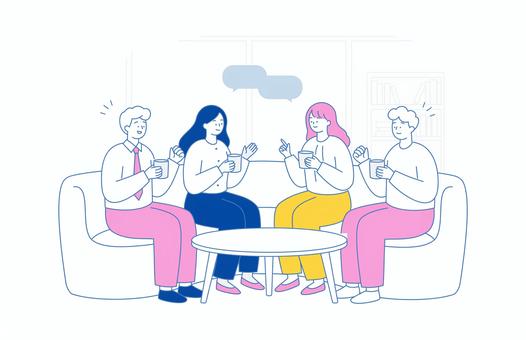 休憩中に雑談するビジネスチーム 人物,男女,ビジネス,休憩,雑談,コーヒー,コミュニケーション,会話,ソファ,リラックスのイラスト素材