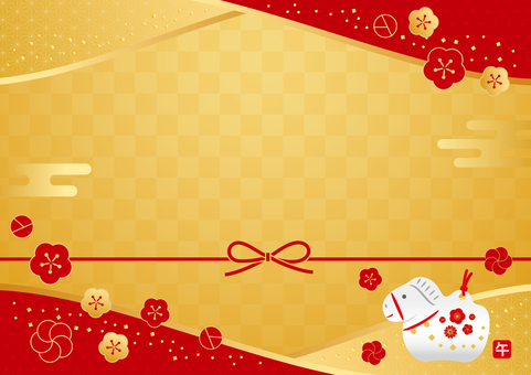 2026年の午年のフレーム 2026年の午年のフレーム お正月,正月,年賀状,2026年,2026,午年,馬,人形,鈴,干支のイラスト素材