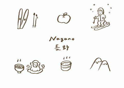 長野の手描き観光アイコン 線画 長野,nagano,観光,名物,旅行,温泉,山,スキー,りんご,郷土料理のイラスト素材