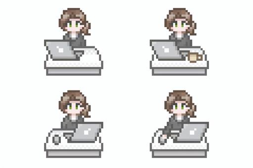ドット絵のデスクワークをする女性 セット ドット絵,ピクセル,パソコン,ノートパソコン,pc,端末,マウス,操作,クリック,オンラインのイラスト素材