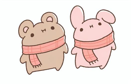 Illustration, rabbit, bear, scarf, 