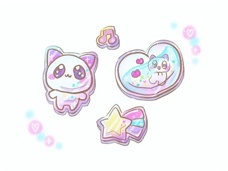 平成ファンシーな立体シールのイラスト 立体シール,ウォーターインシール,シール,平成,ファンシー,女児,キャラクター,猫,星,音符のイラスト素材