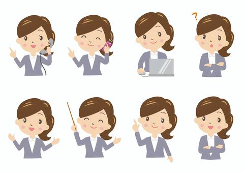 オフィスの女性ポーズのセット 女性,オフィス,ポーズ,笑顔,仕事,事務,案内,応対,働く,電話のイラスト素材