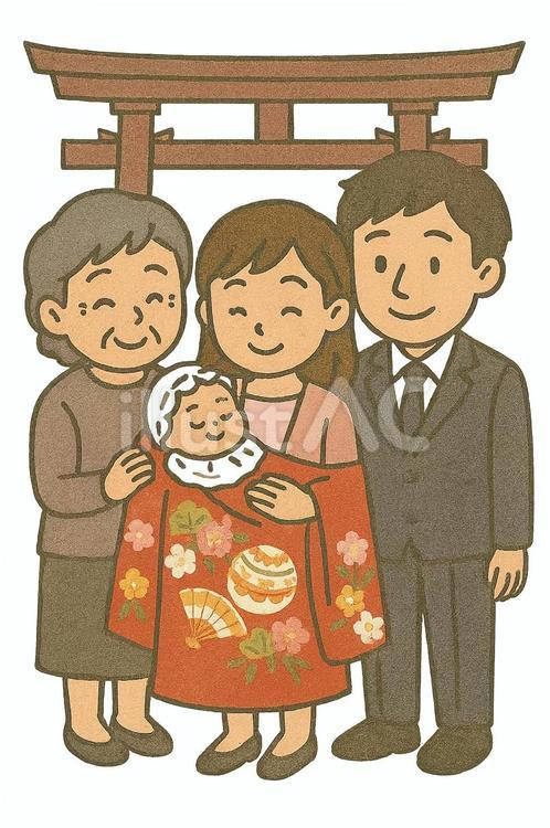 お宮参りの家族イラスト お宮参り,赤ちゃん,家族のイラスト素材