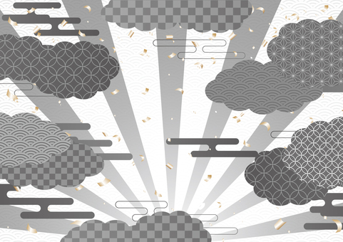 モノトーンの和風の集中線と雲の背景素材 和風,和柄,集中線,雲,紙吹雪,背景のイラスト素材